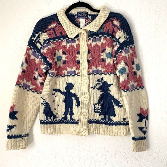VTG Woolrich Woman Cardigan Sweater S 100% Wool Button Grandma Cottagecore Farm - Picture 1 of 10